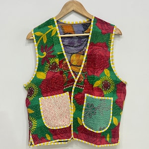 Gilet réversible unisexe en kantha - gilet en coton kantha - veste gilet Kantha fait main - veste matelassée en coton bohème - veste sans manches