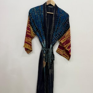 Kimono de seda con retazos, bata de seda, kimono elegante para mujer, kimono de verano, bata de boda de manga larga, bata de lujo para resort.