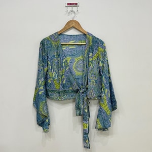 Bohemian Silk Crop Top, 3 Way Bell Sleeve Silk Top, Silk Wrap Around Top, Beach Cover Up Top, Handmade Boho Blouse, Gift For Her