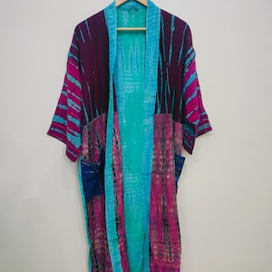 Boho Chic Kimono Cardigan | Colorful Patchwork Kimono | One Size Duster Coat For Women | Tie Dye Crepe Silk Kimono | Adjustable Robe