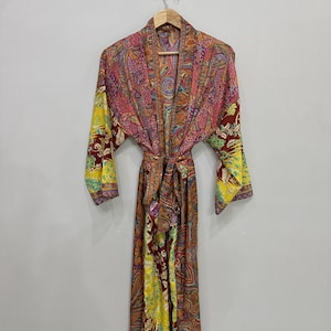Loose Fit Silk Long Kimono - Stylish Patchwork Silk Kimono - Summer Silk Beach Cover Up, Indian Silk Kimono - Long Seeve Bridesmaid Robe
