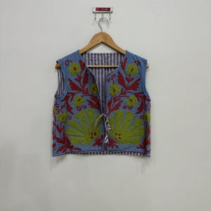 Suzani Embroidery Jacket, Cotton Jacket, Floral Sleeveless Jacket, Handmade Suzani Waistcoat, Hippie Jacket, Embroidered Vest For Women