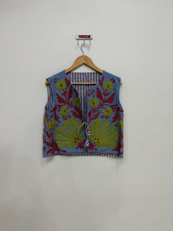 Suzani Embroidery Jacket, Cotton Jacket, Floral Sleeveless Jacket, Handmade Suzani Waistcoat, Hippie Jacket, Embroidered Vest For Women