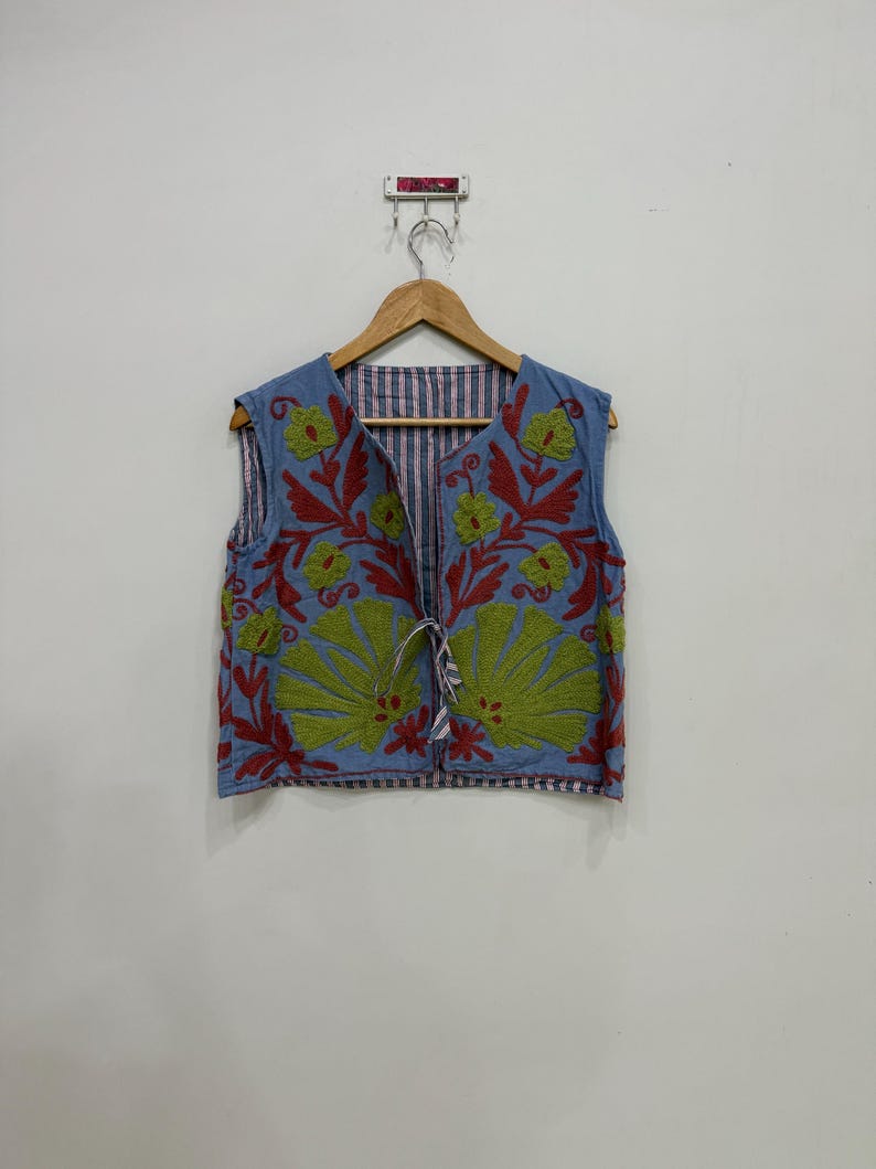 Suzani Embroidery Jacket, Cotton Jacket, Floral Sleeveless Jacket, Handmade Suzani Waistcoat, Hippie Jacket, Embroidered Vest For Women
