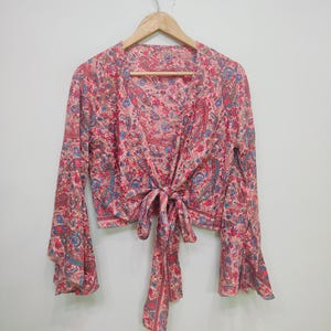 Front Tie Silk Crop Top, Bell Sleeves Silk Wrap Top, Summer Silk Top, Beach Wear Top For Women, Flare Sleeve Silk Blouse, Boho Hippie Top