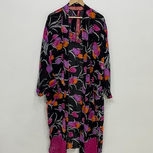 Black Color Floral Printed Silk Kimono Robe - Crepe Silk Long Kimono Cardigan - Women Kimono Jacket - Boho Kimono Duster - Beach Cover Up