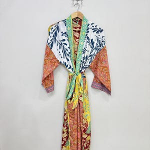 Indian Handmade Patchwork Silk Kimono - One Size Long Sleeve Silk Kimono - Long Kimono Jacket - Bohemian Printed Silk Dressing Gown