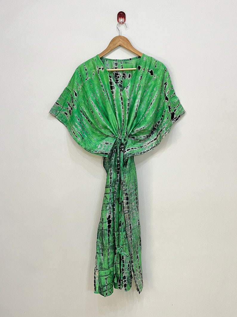 Green Tie Dye Silk Long Kaftan for Women, Loose Fit Silk Caftan, Sleep ...