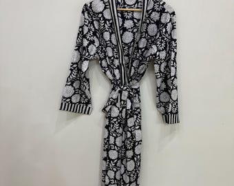 Szlafrok kimono z bawełny z nadrukiem blokowym, długie kimono w stylu boho hippie, strój domowy, ręcznie robiony szlafrok, suknia ciążowa, prezent dla niej