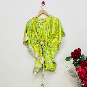 Lime Gree Silk Kaftan, Resort Wear, Vacation Dress, Recycled Silk Kaftan, Dressing Gown, Silk Wrap Shirt, Beach Dress, Women Kaftan