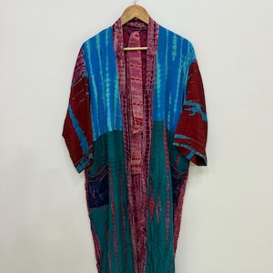 Handmade Silk Tie Dye Kimono, Silk Dressing Gown, Long Patchwork Robe, Bikini Cover Up Dress, Gift For Her