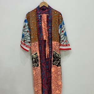 Lång Phulkari Kimono-mantel för kvinnor, Kimonojacka med färgglad tråd, Broderad Kimonokofta