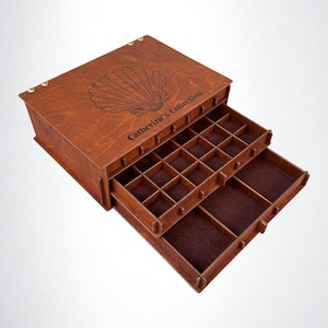 Boîte de rangement personnalisée en bois à 3 niveaux pour collection de fossiles - Boîte à tiroirs personnalisée pour dent de requin, présentation et organisation de fossiles