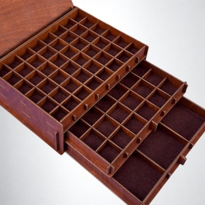 Boîte de collection personnalisée en bois à 3 niveaux - Tiroirs personnalisés - Vitrine pour pièces de monnaie, stylos, fossiles, cristaux et plus