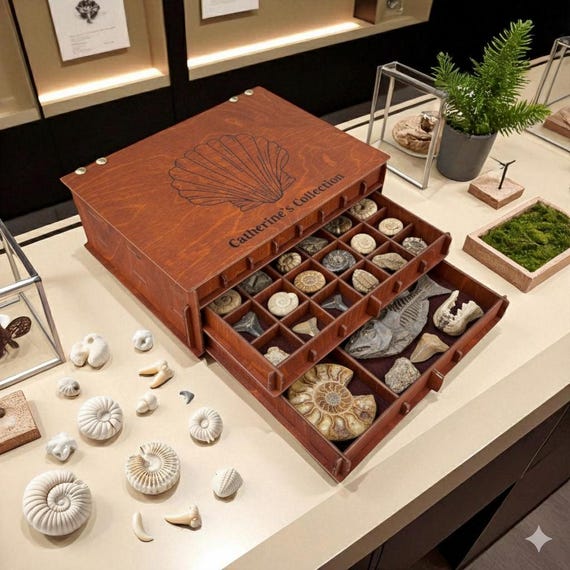 Custom Wooden Fossil Collection Storage Box – Gift for Anniversary