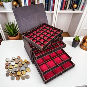 Personalized Wooden Coin Collection Box - 5-Tier Numismatic Box with Special Lid and Customizable Drawers