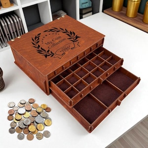 Personalized Wooden Coin Collector Box – 3 Tier Storage Case with Custom Lid & Felt-Lined Drawers
