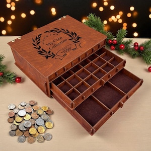 Personalized Wooden Coin Collector Box – 3/5 Tier Storage Case Gift for Him, Her, Anniversary, Christmas, Husband, Wife, Collector