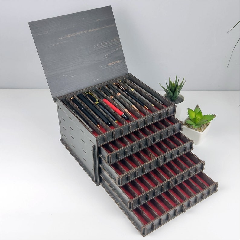 50 Compartments Fountain Pen Storage Box with Drawer, pen case, pen storage box, pen display case, pen holder, fountain pen box, fountain pens, fountain pen case, pen chest, fountain pen rack, wood pen case drawer, pen tray, office desk storage