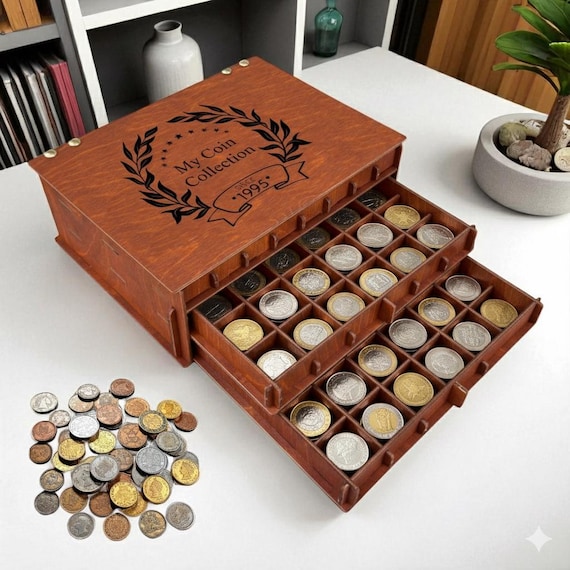 Personalized Wooden Coin Collection Storage Box – 3 Tier Display