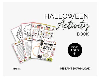 Peut inclure: Un livre d'activités d'Halloween sur fond blanc. Le livre propose diverses activités sur le thème d'Halloween, notamment des pages à colorier et des bingos. La couverture comprend une citrouille, un fantôme et le texte "Halloween Activity Book" et "For Ages 4+".
