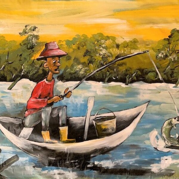 The Fisherman' - African Oil Painting