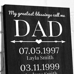 My Greatest Blessings Call Me Dad, Custom Canvas Sign with Children Names & Birthday, Personalized Gifts for Dad, Christmas Gift from Kids