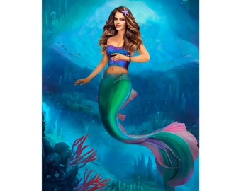 Custom Mermaid Portrait from Photo, Mermaid Birthday Theme, Mermaid Print, Personalized Wall Art for Her, Mermaid Wall Art, Mermaid Gifts
