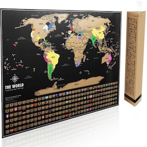 May include: A black scratch-off world map with gold foil accents. The map includes a key with flags of different countries. The text "THE WORLD" and "Travel Tracker Map" is printed on the map.