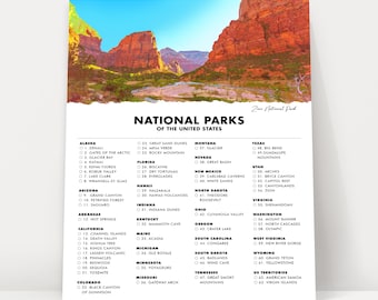 National Park Checklist Poster Print - 63 US National Parks - Travel - Gift Idea for Hiker Backpacker - Gifts For Traveler - Wall Art - Zion
