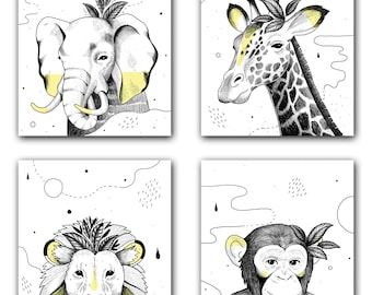 Safari Jungle Animal Prints - Nursery Decor - Wall Art - Set Of 4 UNFRAMED 8X10" Wall Prints - Elephant - Giraffe - Lion - Monkey - Posters