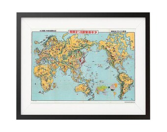 Illustrated Japanese World Map - Vintage Map - Japan Old Map - Old Map Of The World - 1930s