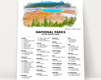 Yellowstone National Park Checklist Poster - 63 US National Parks - Gift Idea for Hiker - Gifts For Traveler - Wall Art - Adventure Travel