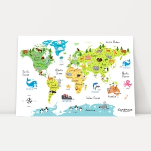 May include: A colorful world map with illustrations of animals and landmarks from different continents. The map includes the names of continents and oceans, such as North America, South America, Africa, Europe, Asia, Australia, Antarctica, Pacific Ocean, Atlantic Ocean, Indian Ocean, and Arctic Ocean.