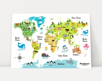 16x20 - Children's Animal World Map Poster - Learning - Nursery Print - Map Wall Art - Travel Decor - Baby - Kid - Fun