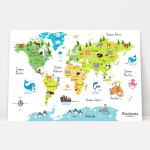 24x36 Spanish Children&#39;s Animal World Map Poster - Mapa Del Mundo Para Niños En Español - Educational - Nursery Print - Wall Art - Kids