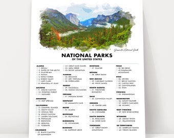 National Park Checklist Poster Print - 63 US National Parks - Travel - Gift Idea for Hiker Backpacker - Traveler Gifts - Wall Art - Yosemite