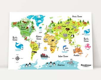Kids World Map Poster, Child Educational Print, Animals, Landmarks, Continents, Children's Nursery Bedroom Decor, Gift Idea, 18"x24"