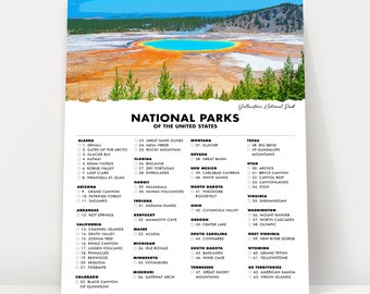 National Park Checklist Poster Print - 63 US National Parks - Travel - Gift Idea for Hiker - Traveler Gifts - Wall Art - Yellowstone