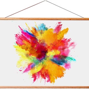 May include: A colorful abstract painting of a burst of color, with shades of red, orange, yellow, green, blue, and purple. The colors are vibrant and dynamic, creating a sense of movement and energy.