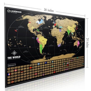 May include: A black and gold scratch-off world map, measuring 36 x 24 inches. The map features country outlines in gold, with a black background. Includes flags and the text "LANDMASS love your path" and "THE WORLD".