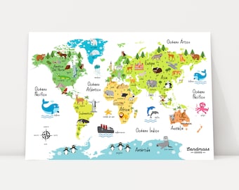 16x20 Spanish Children's Animal World Map Poster - Mapa Del Mundo Para Niños En Español - Educational - Nursery Print - Wall Art - Kids
