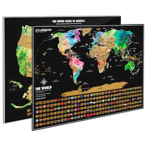 May include: A black scratch-off world map with gold foil accents. The map includes flags of countries around the world and a separate section for the United States with national parks and highest peaks.