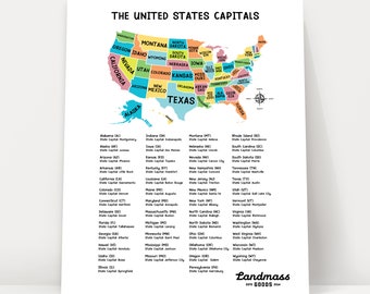 18x24” United States Map with Capitals for Kids - Educational -  Homeschool - Classroom - Daycare - Decor - Wall Art - Poster - Print