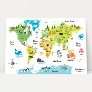 24x36 Kids Animal World Map Poster Print - Educational - Animals - Landmarks - Continents - Home  - Classroom - Decor - Colorful - Large
