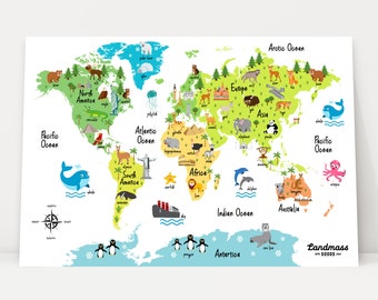 24x36 Kids Animal World Map Poster Print - Educational - Animals - Landmarks - Continents - Home  - Classroom - Decor - Colorful - Large