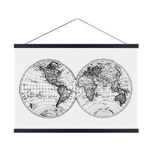 May include: A black and white vintage world map print with the words "Western Hemisphere" and "Eastern Hemisphere" at the top of each map. The map is divided into two hemispheres, with the Americas on the left and Europe, Asia, and Africa on the right.