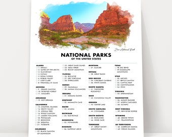 Zion National Park Checklist Poster - 63 US National Parks - Gift Idea for Hiker - Gifts For Traveler - Wall Art - Adventure Travel