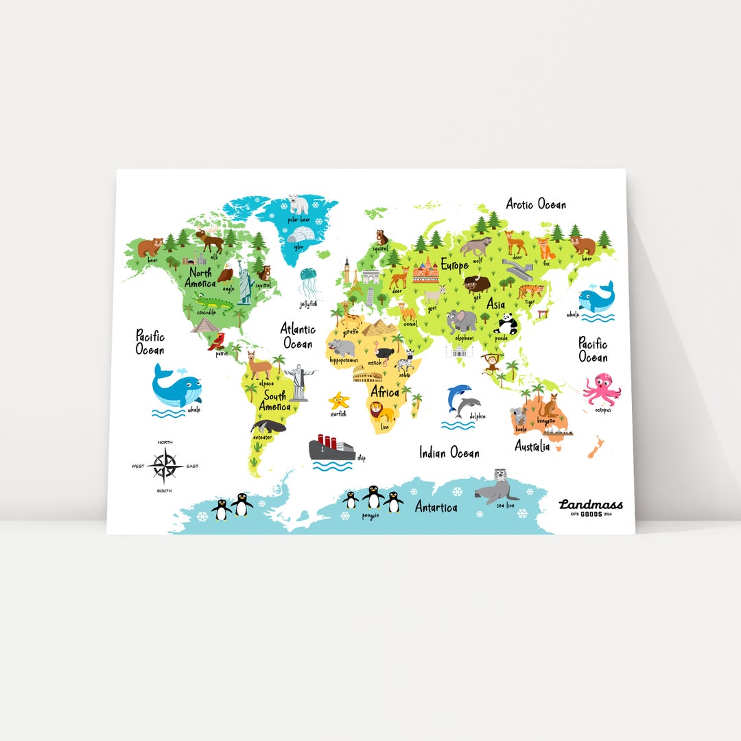 12x16 Animal World Map Print for Kids - Nursery Playroom Day Care ...