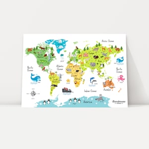 May include: A colorful world map with illustrations of animals and landmarks from different continents. The map includes the names of each continent and ocean. The text "Landmass" is at the bottom of the map.